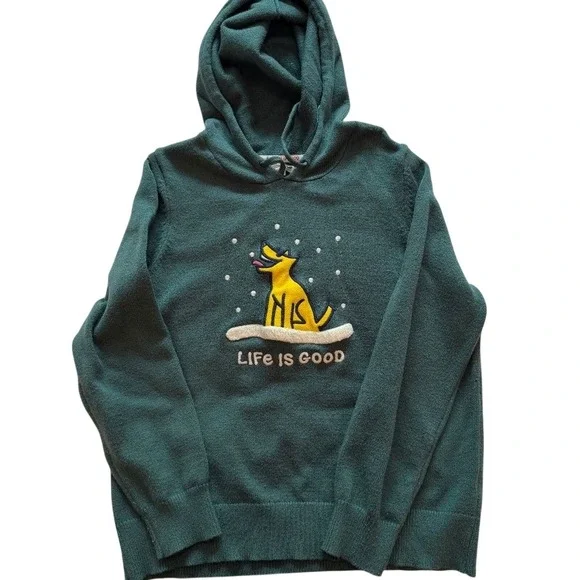 Life is Good Hoodie Womens Large Green Dog Graphic Knit Sweater - Picture 1 of 8